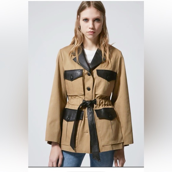 The Kooples Tan and Black Leather Trim Utility Jacket Military Style Size XS - Picture 1 of 12